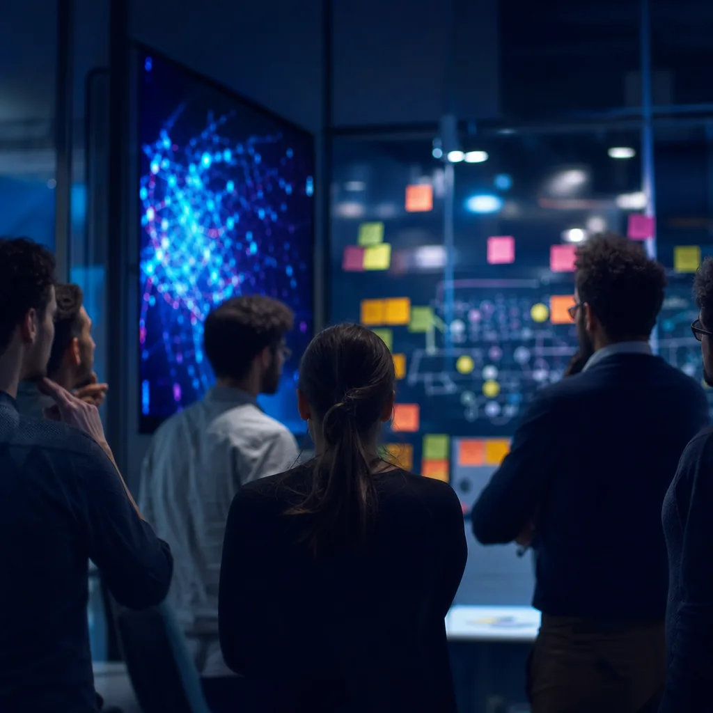 Team gathered around a diagram-covered board in a dark studio, seen from behind