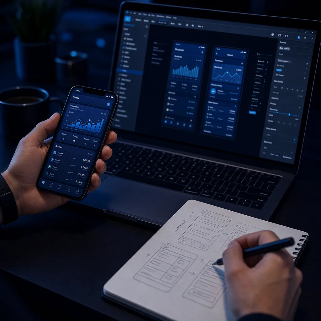 Hands working across a laptop showing a design-tool UI, a phone showing an app dashboard, and a wireframe sketch on a dark desk